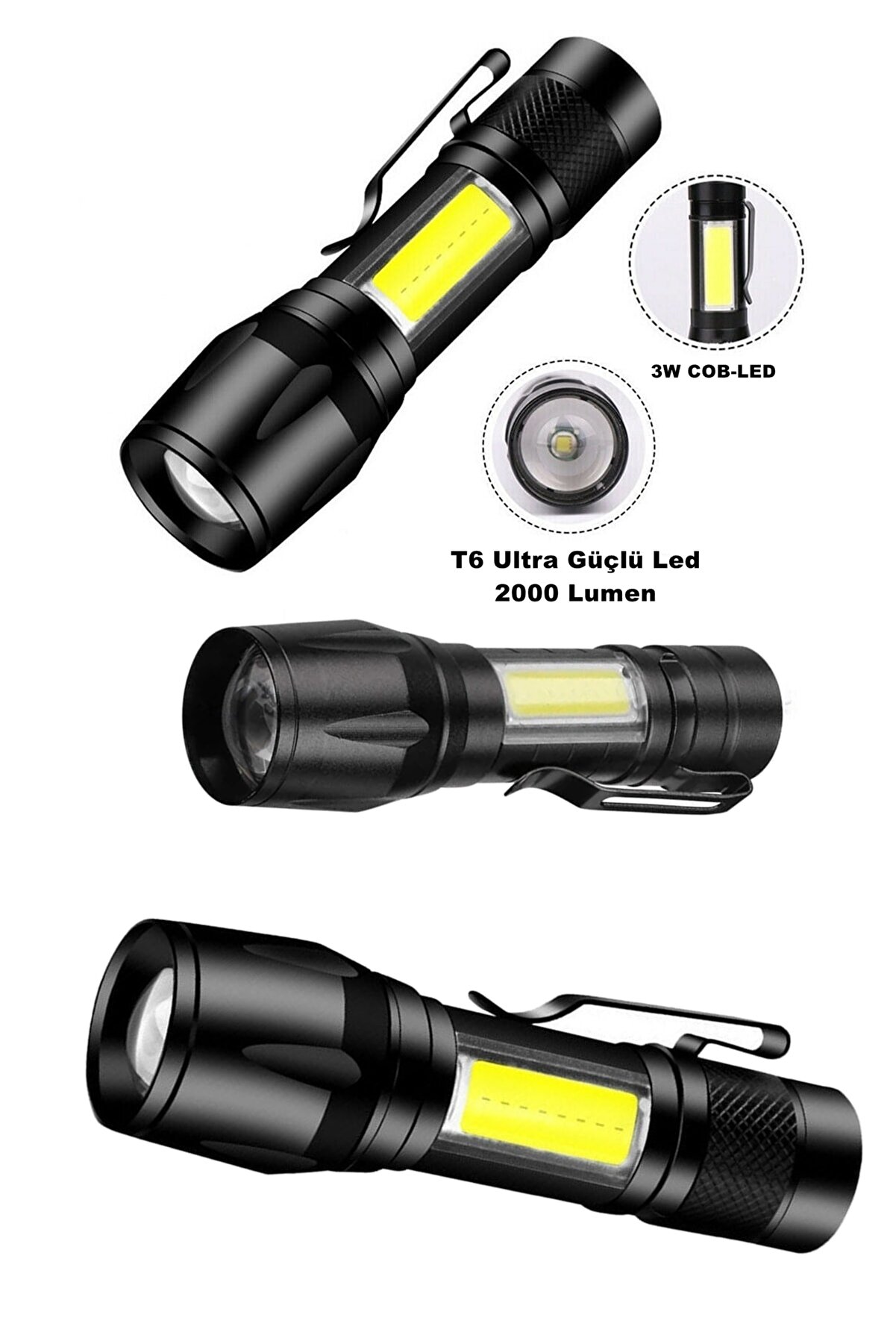 Ultra Çift Yönlü Güçlü Pilli Led El Feneri 2000 Lümen + 6w Cob Led Su Geçirmez Zoomlu 3 Modlu